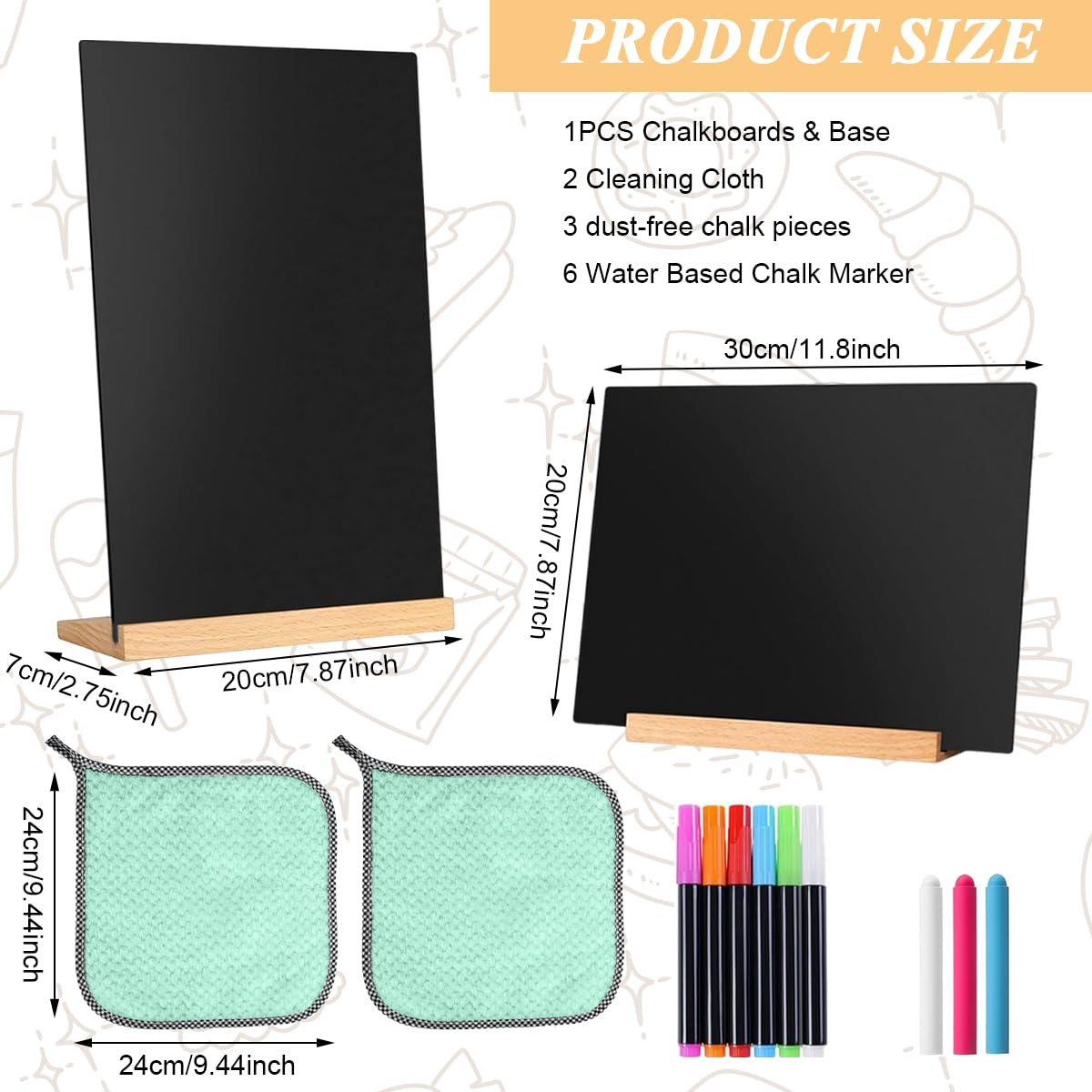 OFIFO A4 Blackboard for Kitchen and Café Display with Double Sided Surface and Wooden Base | Includes Color Markers and Microfiber Wipes