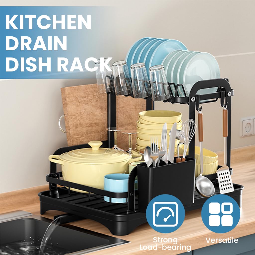HASTHIP Kitchen Utensil Drying Rack with Double Layer Storage and Drain Pipe | 42x30x32cm Metal Organizer