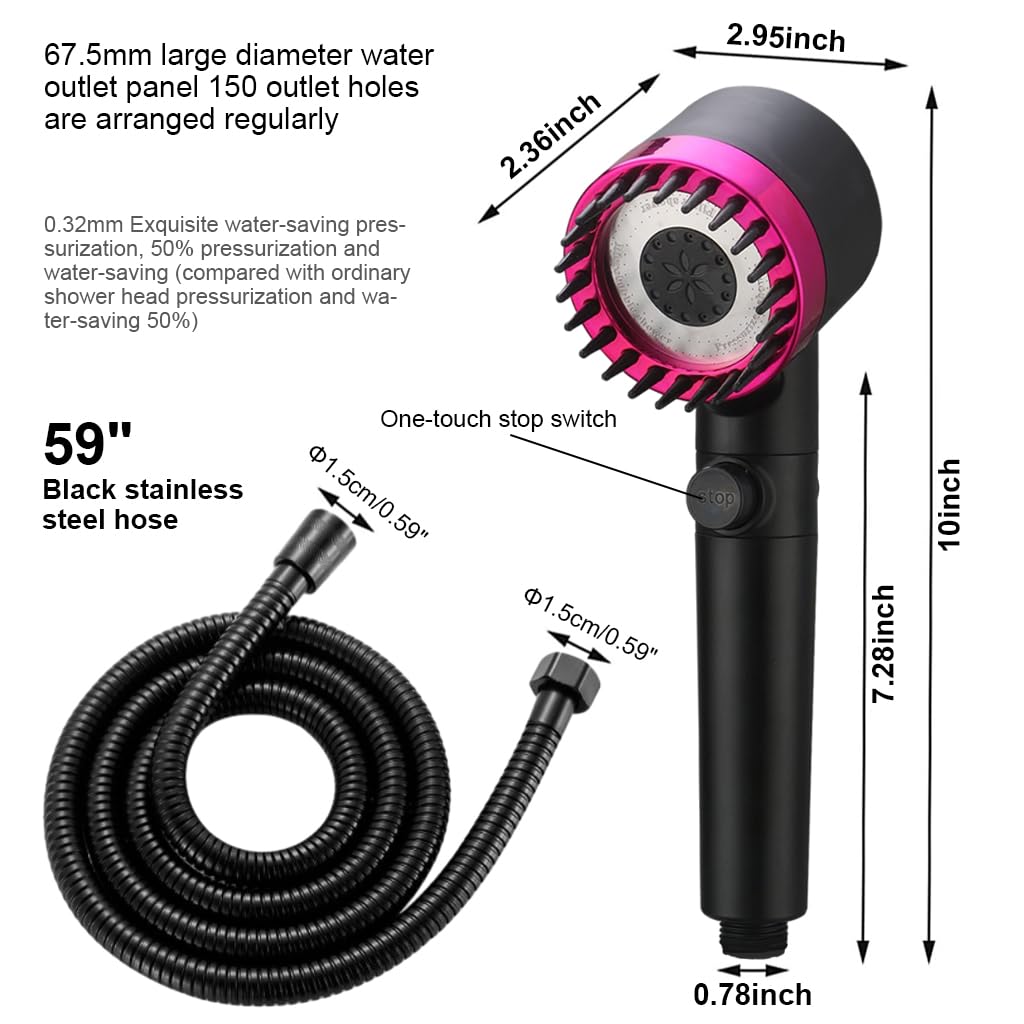 HASTHIP® Hand Shower for Bathroom, 3 Modes High Pressure Handheld Shower Head with Pause Button Hard Water Softener with Filter Core, 59'' Staintaless Steel Hose and Wall Shower Head Holder (Black)