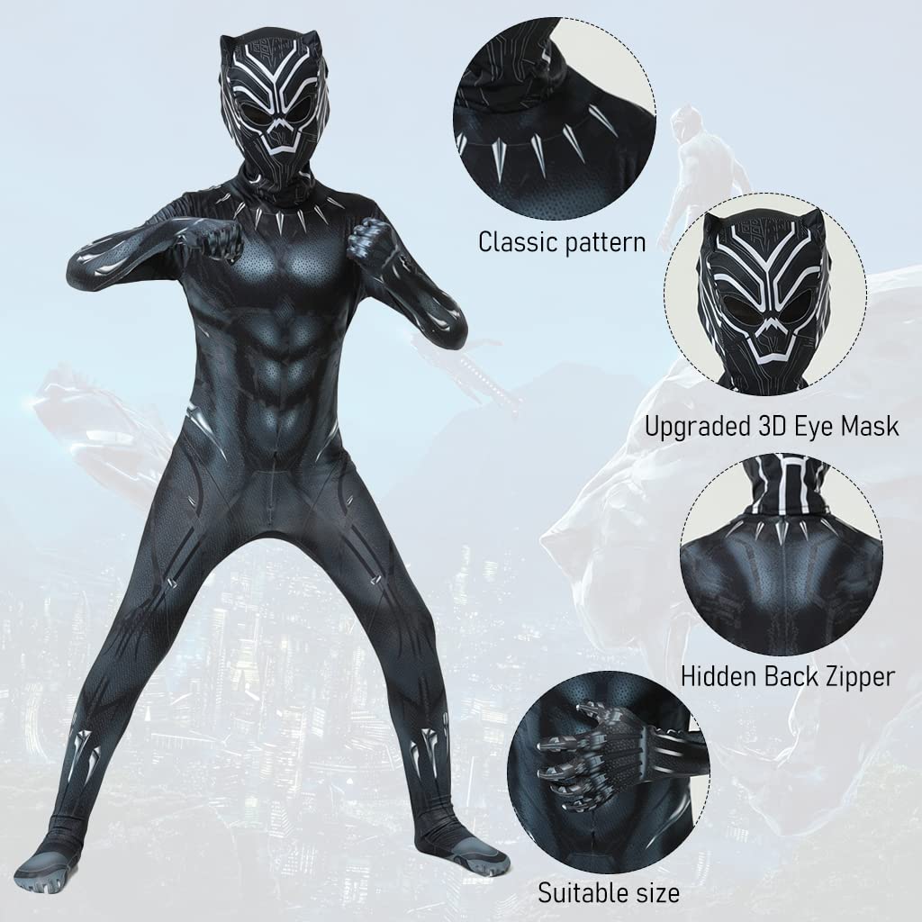 GUSTAVE Black Panther Costume for Kids with 3D Digital Prints and Breathable Spandex | 115–125 cm
