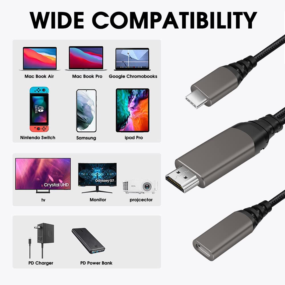 Zeitel USB C to HDMI Adapter Cable 6ft 4K@30Hz with PD 60W Charging Port and Braided Design