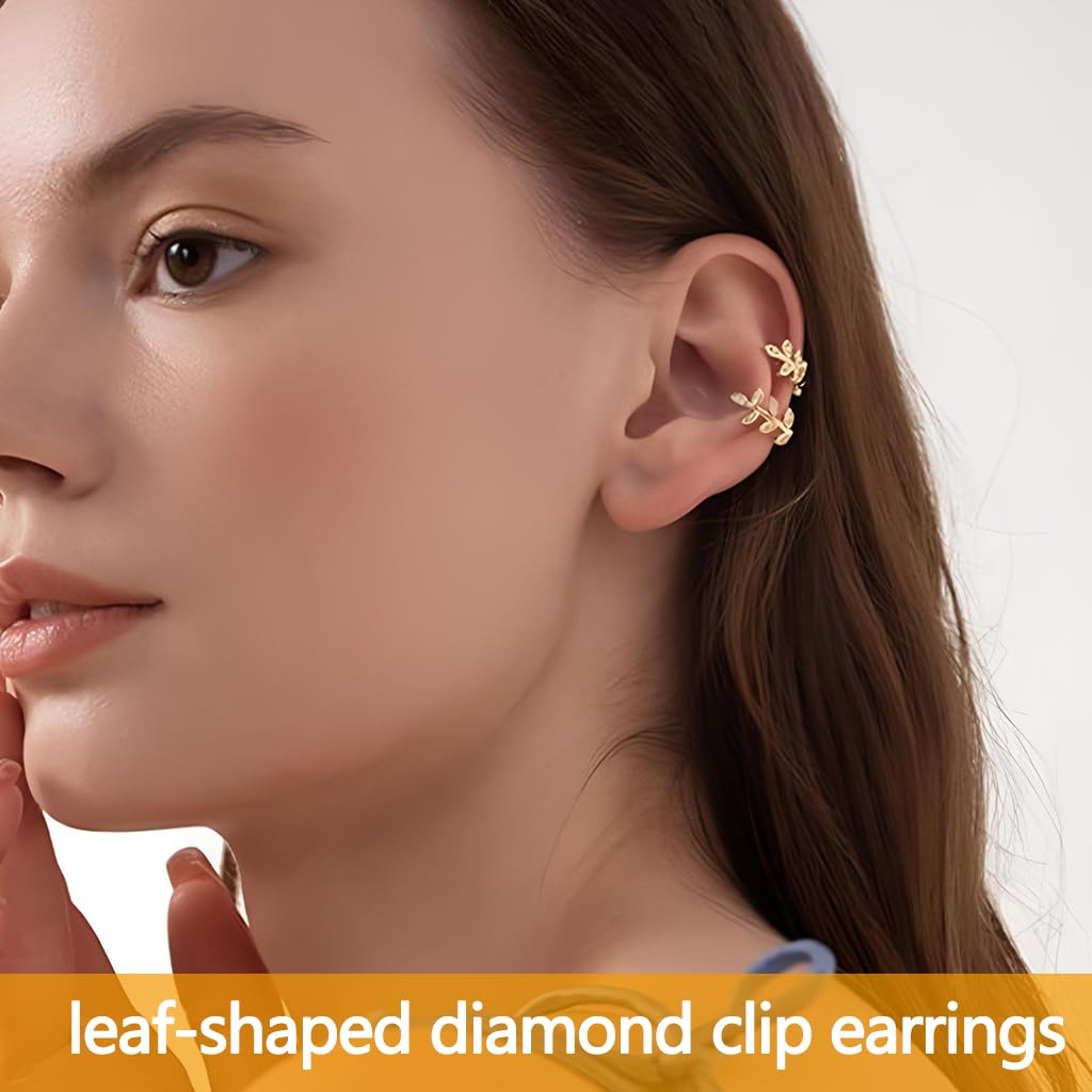 ZIBUYU Crystal Leaf Ear Cuffs for Women featuring No Piercing Clip Design and Gold Rhinestones