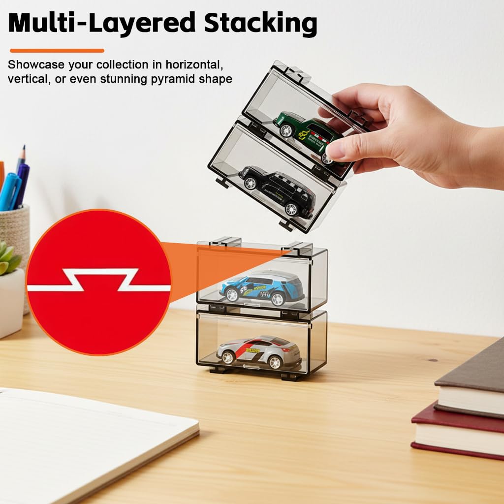 HASTHIP Car Models Display Case for 1:64 Racing Toys with 2 Tiers and 8 Compartments | Acrylic Dustproof Stackable Organizer