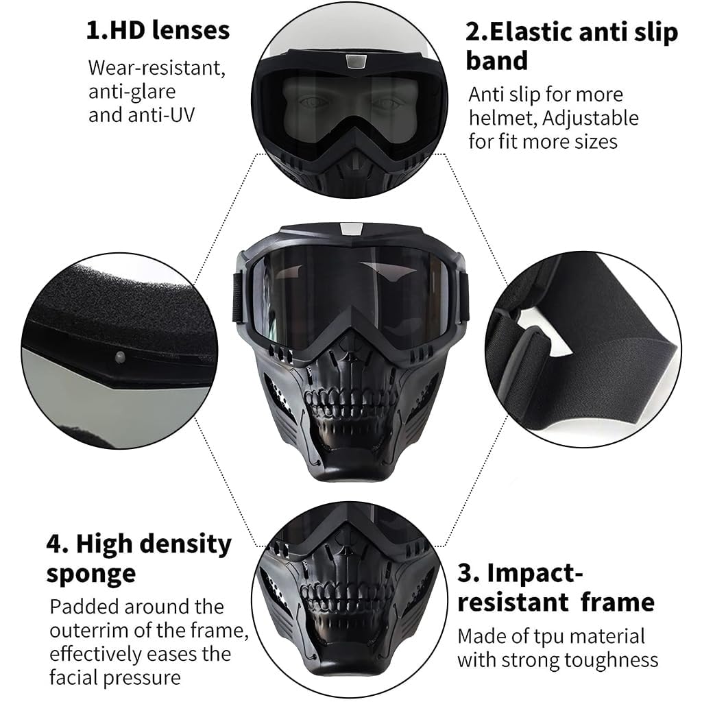 PROBEROS Protective Face Mask for Bikers with UV400 Goggles and Soft Foam Padding | Helmet Ready