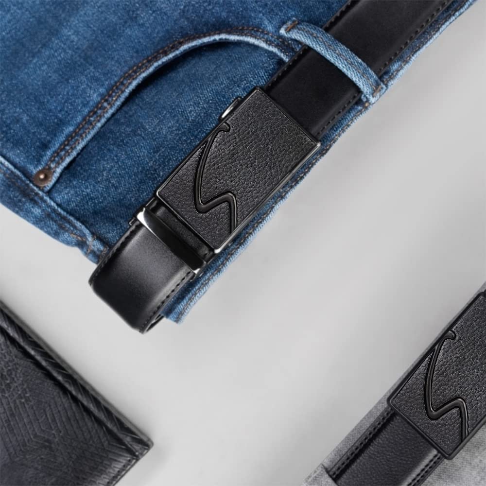 GUSTAVE Men's Belt for Business and Casual Wear featuring Automatic Button Buckle | PU Leather Black 120cm Adjustable