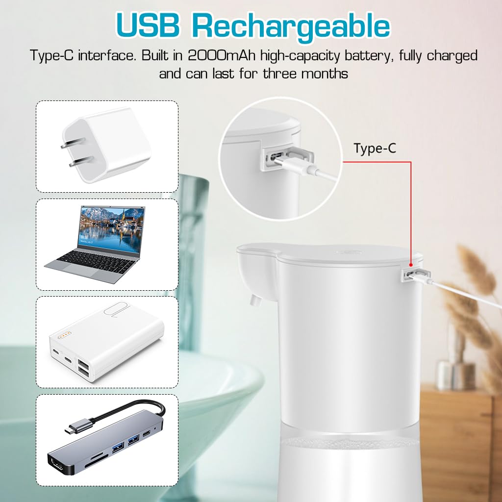 HANNEA Automatic Soap Dispenser for Kitchen and Bathroom with 600ml Tank featuring Motion Sensor & USB Rechargeable Battery