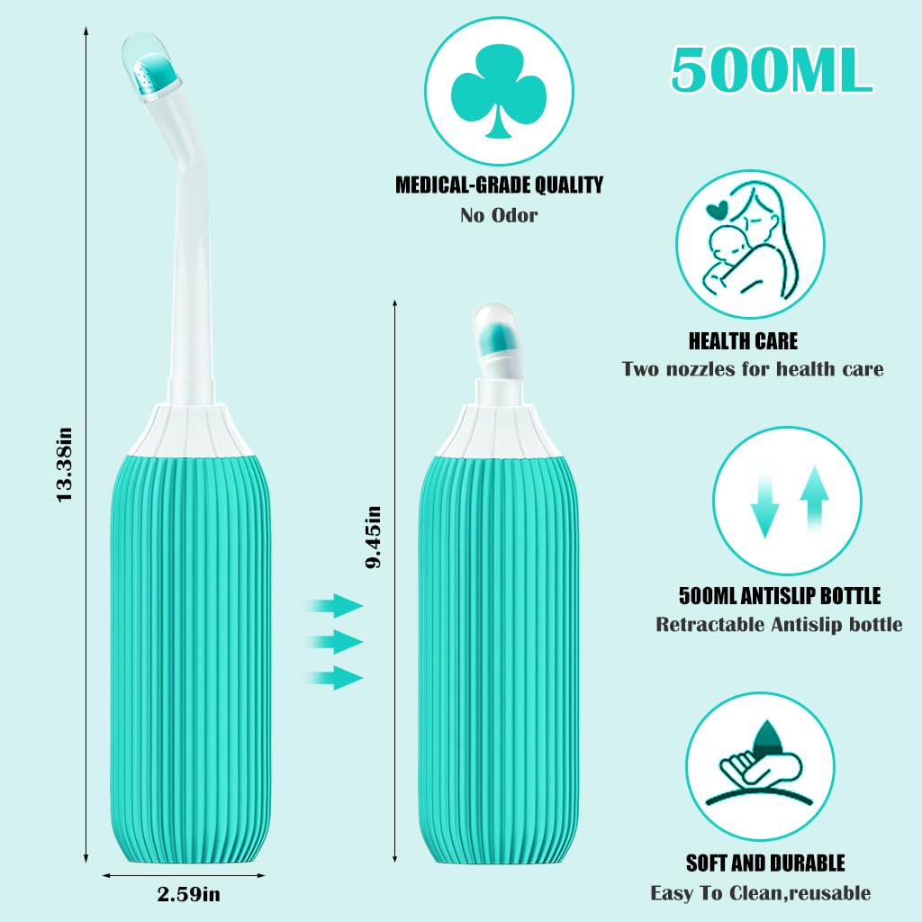 HANNEA  500ml Portable Retractable Travel Bidet with Bag/2 Nozzles for Toilet Handheld Postpartum Perineal Cleansing Childbirth Cleaner - for Outdoor,Camping,Personal Hygiene (Green, 500ml)