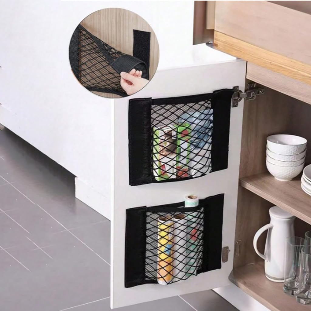 HASTHIP Self Adhesive Storage Nets for Car and Home featuring 25x40cm Stretchy Nylon Mesh | 2 Pack