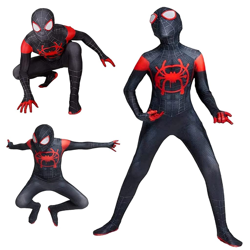 FANCYKU® Spiderman Costume for Kids, Superhero 3D Lenses Spiderman Dress Black Spider Man Miles Morales Bodysuit, Silk-Feel Fabric Spider-Man Fancy Jumpsuit for Boys Gift Halloween Cosplay, Size XL