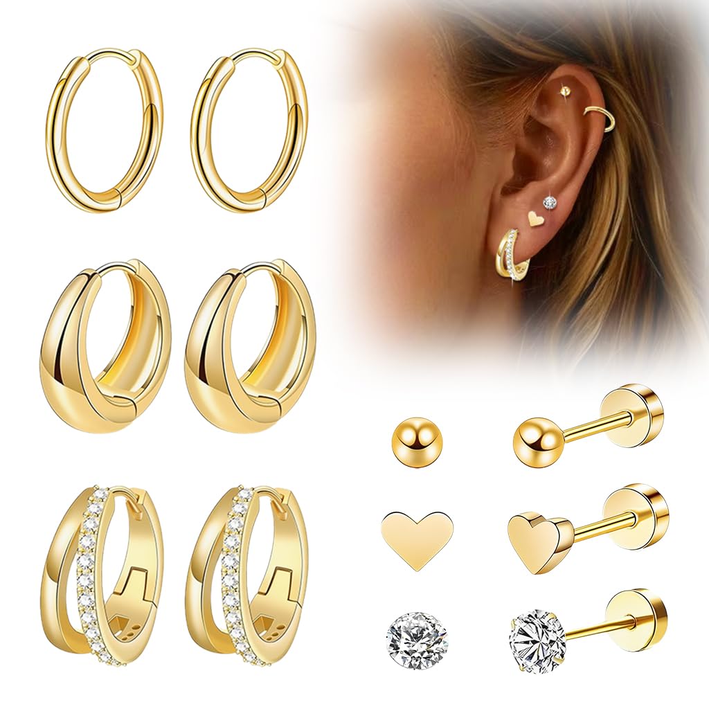 SANNIDHI Earrings Set for Women with Rhinestone Studs and Gold Hearts | 6 Pairs Stainless Steel Hypoallergenic Jewelry
