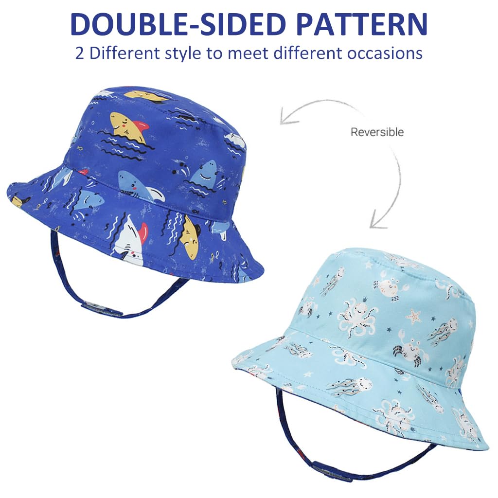 SNOWIE SOFT® Sun Hat for Baby Beach Hat Bucket Hat for Girls Boys Fashion Reversible Cartoon Hat for Boys Girls 3-6 Months, UPF50+ Sun Protection Beach Hat with Chin Strap, Head Circumference 46CM