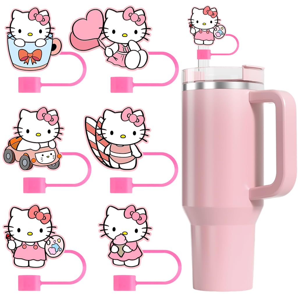 HASTHIP® 6PCS Cartoon Straw Covers Cap for Tumblers Cup, 10mm Cartoon Pink Hello Kitty Straw Topper, Reusable Dust-Proof Drinking Straw Toppers for 10mm Straws