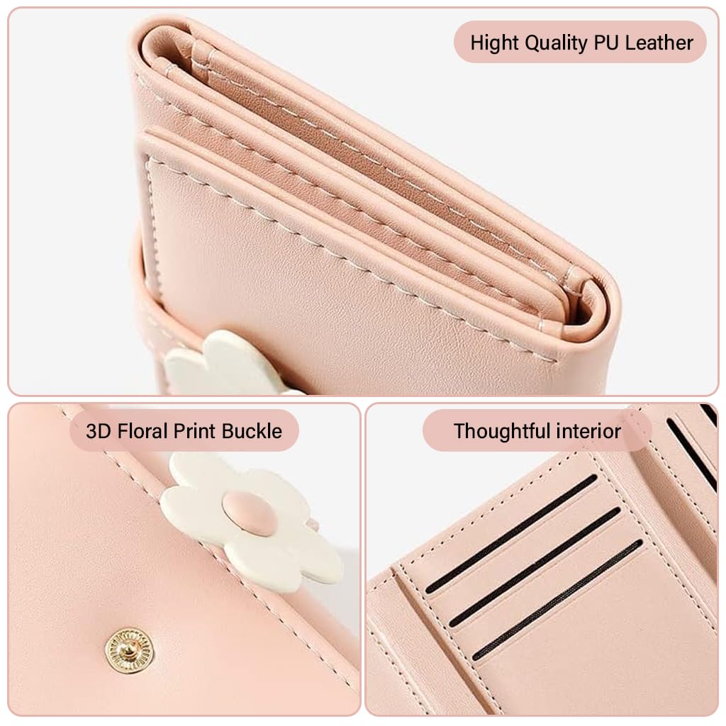 PALAY® Girls Wallet Women Wallet PU Leather Card Holder Girls Wallet Cute Flower Snap Button Wallet with Lovely Heart Shaped Photo Window Gift Wallet for Girls Christmas Gift