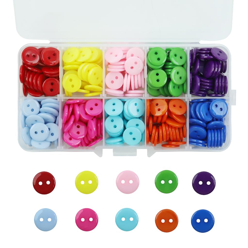 HASTHIP® 350pcs Color Buttons 8 Color Round Resin Button Sewing Craft Buttons with Storage Box Dual Hole Mix Color Button for Sewing Knitting Arts Crafts DIY Handmade, 11mm Diameter