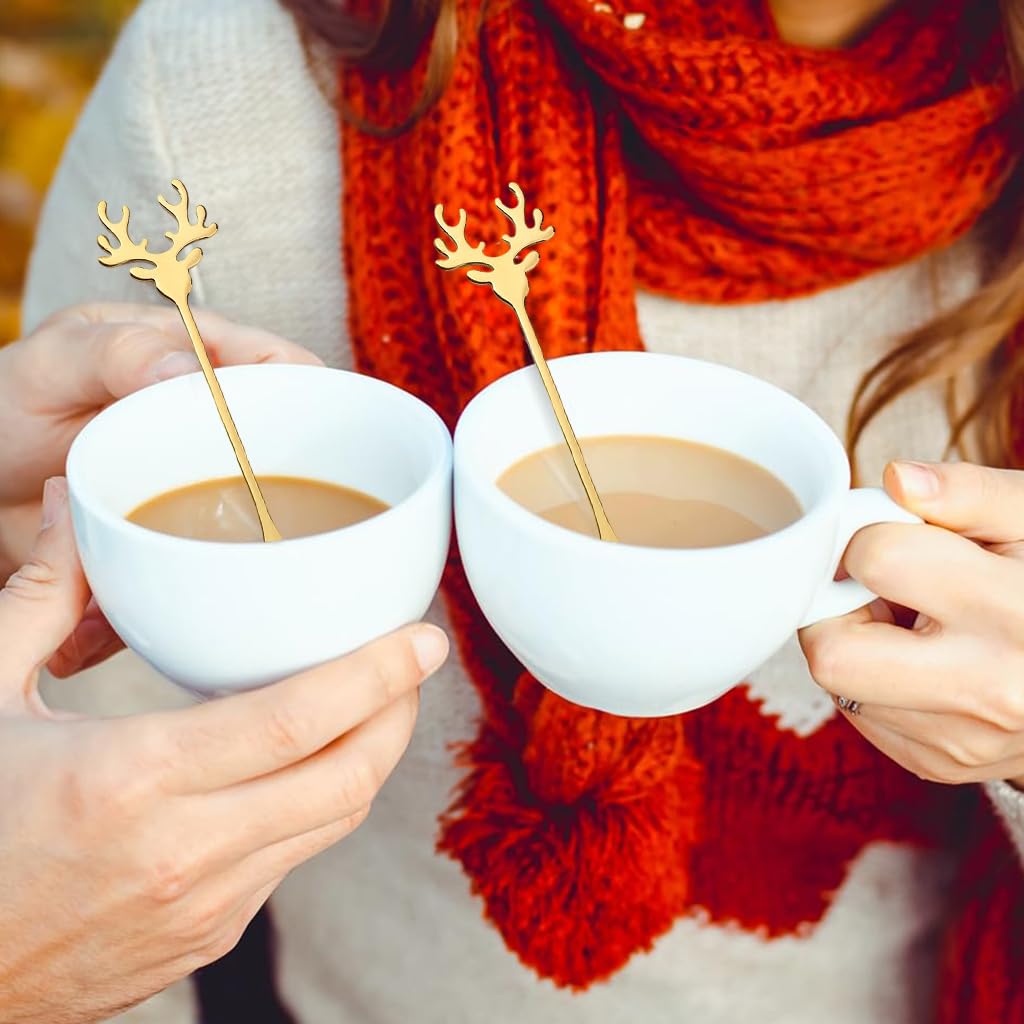 HASTHIP Christmas Spoon Set for Coffee and Dessert with Elk Antler Handles | 4-Piece Golden Stainless Steel Gift