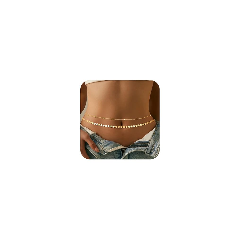 SANNIDHI Chic Waist Chains for Women Set of 2 Matched Slim Golden Sequin Chains Body Charm Waist Charm Layered Wasit Chains Bikini Beach Wear Adjustable Saree Waist Chains for Girls, 39.37 inches