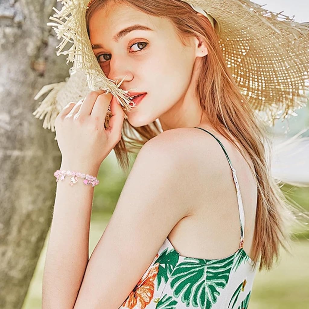 SANNIDHI Bracelets for Women featuring 2 Piece Kitty Beaded Resin Design in Pink and White | Cute BFF Gift for Girls