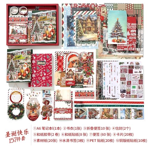 OFIFO® Christmas Scrapbooking Gift Box Set, Retro Santa Claus Themed A6 Notebook DIY Scrapbook Journaling Set, Includes Washi Tape, Themed Stickers, Sticky Notes, Supplies-Christmas Gift