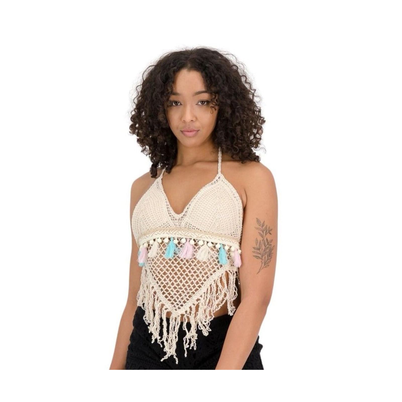 PALAY® Women's Summer Crochet Granny Square Halter Tops Boho Sleeveless Backless Fringe Trim Cami Cover Up Tank Crop Top