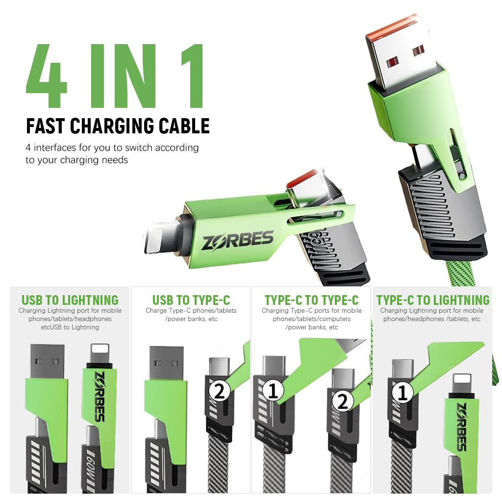 ZORBES 4 in 1 USB C Fast Charging Cable with PD 65W & 480Mbps Data Transfer | Green