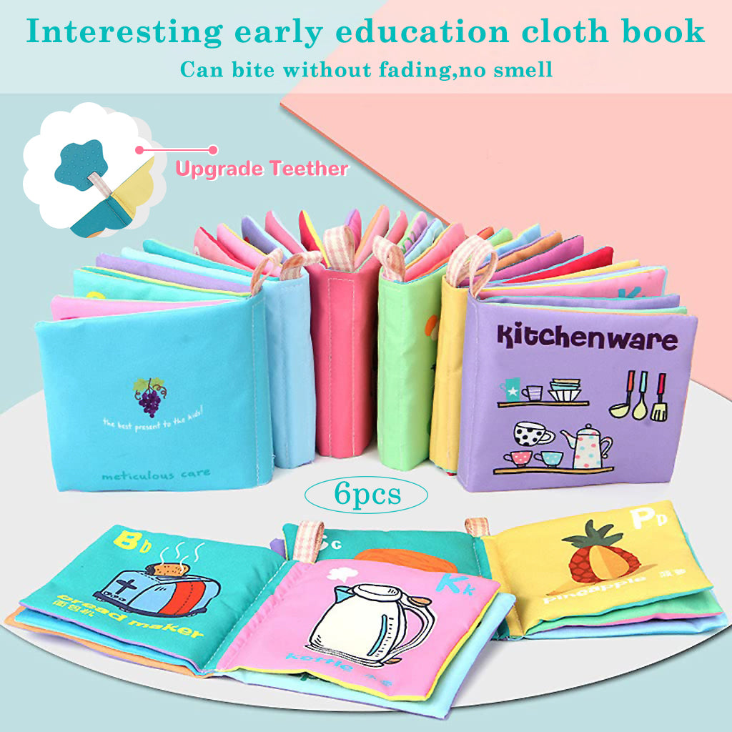 SNOWIE SOFT 6Pcs Baby Cloth Book with Silicone Teether Baby Play Books 10-Page Themed Books Built in Squeaky Cloth Book Sensory Book Early Educational Books for 6-12 Months Shower Gift Baby Gift