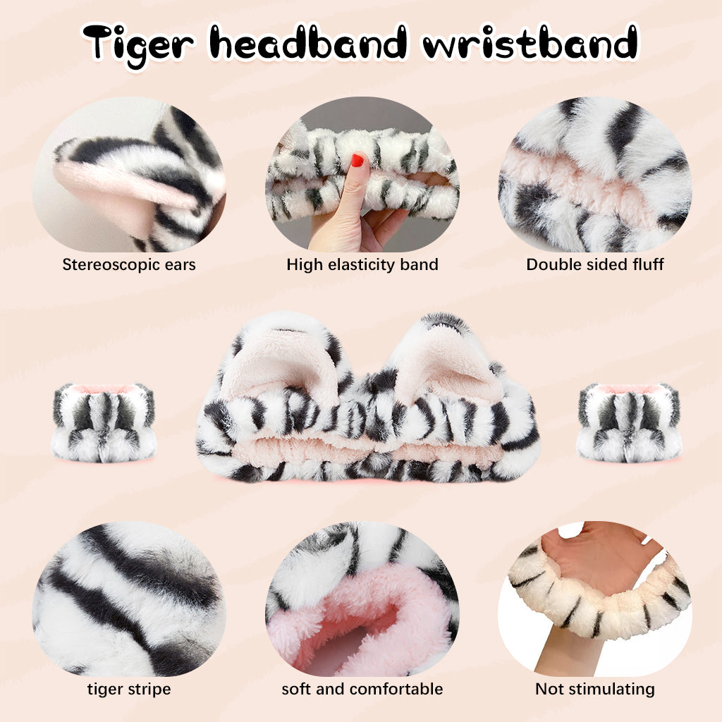 MAYCREATE Spa Headband for Women, Set of 3Pcs Wristband Hair Band for Women Stylish, Cute Cat Ear Hairbands for Women Face Wash, Stretchy Head Band & Wrist Band Combo for Face Washing, Makeup