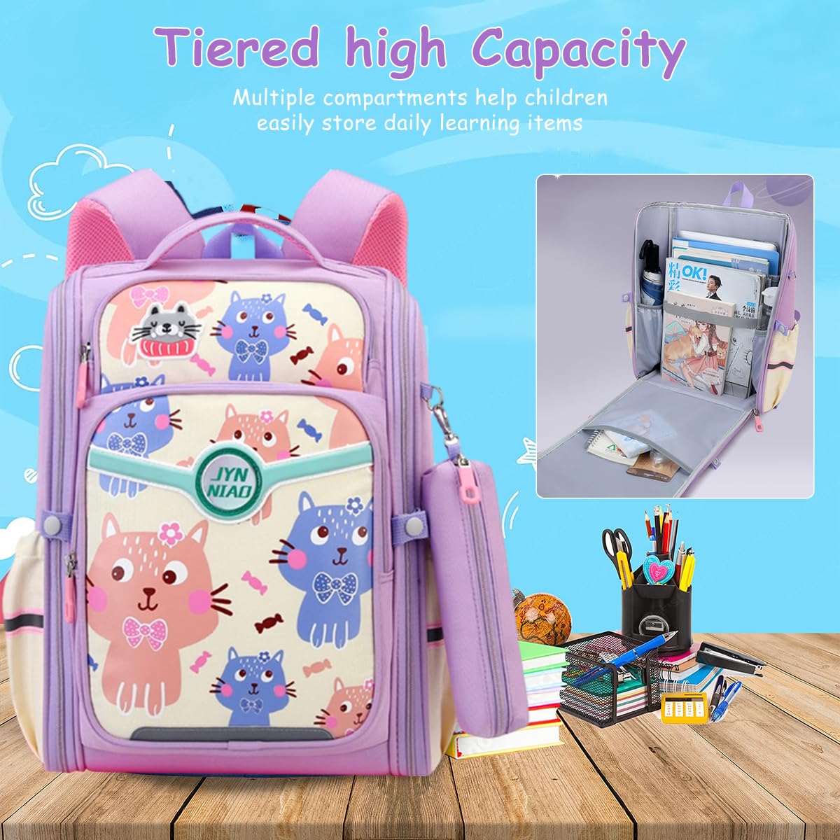 PALAY School Backpack for Girls Backpack on Wheel SchoolGirls 6-12 Years Old Waterproof Cartoon Print Girls Backpack with Detachable Wheel Stand Lightweight Travel Backpack for Kids