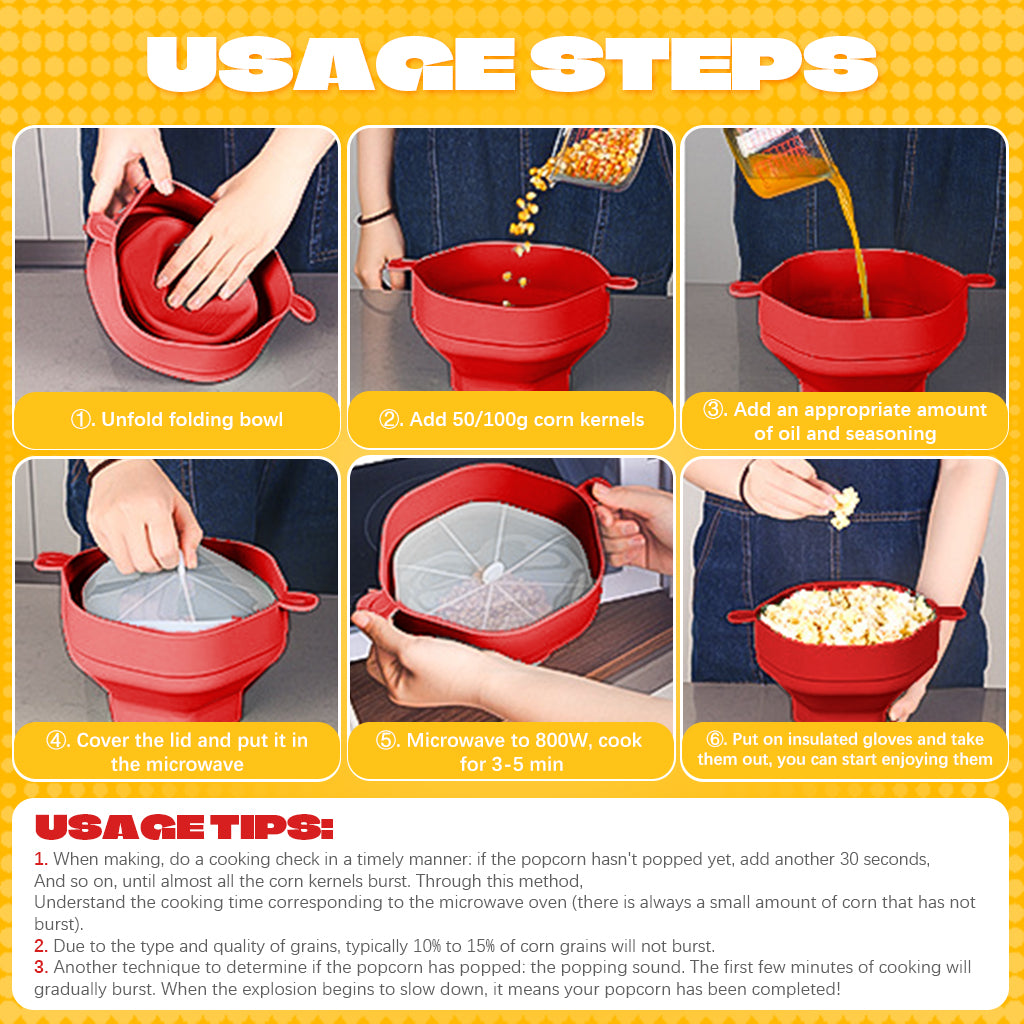 Supvox Microwave Popcorn Maker with Lid 220 Degree Heat Resistant Silicone Microwave Popcorn Container Holder Dual Ear Design BPA-Free Food Grade Silicone Folding Popcorn Maker for 2-3 Servings