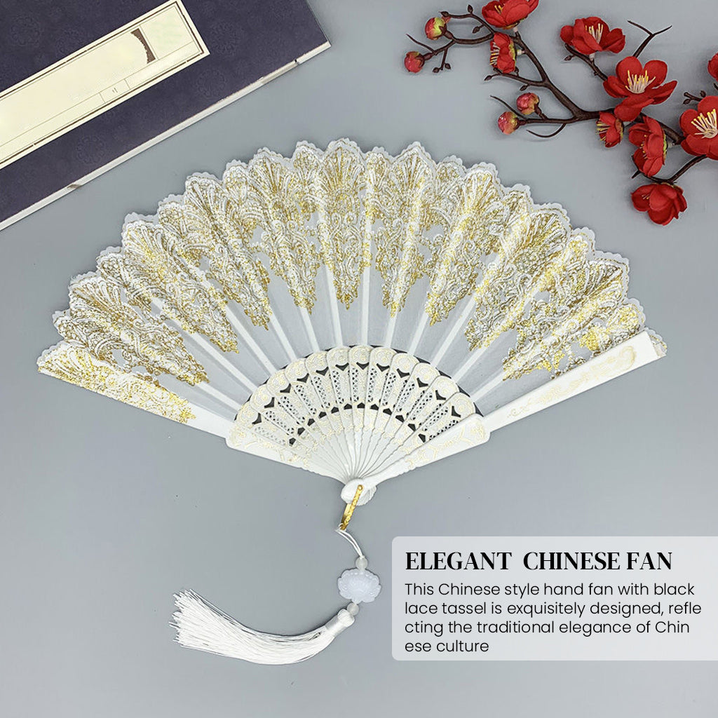 HASTHIP Hand Fan Elegant White Fabric Hand Fan Traditional Chinese Fan with Tassel Charm Summer Fan Handheld Cooling Fan Travel Hand Fan Gift for Girls Women, 9 inches