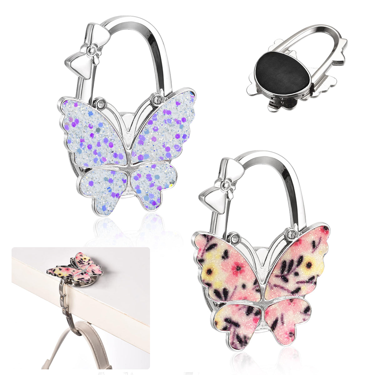 HASTHIP 2Pcs Foldable Purse Hook, Women Bag Table Hanger Collection Purse Hanger for Table, Portable Table Bag Holder for Handbag, Backpack, Sling Bag ( Metal Multi-Purpose Hook with Storage Bag)