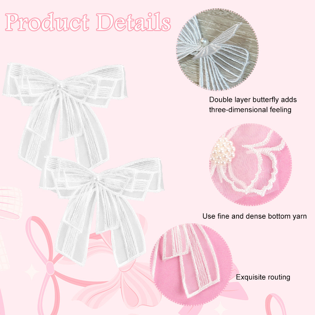 HASTHIP 15Pcs Embroidery Crafts Decals White Lace Bow Charms Butterfly Charms Double Sheer Bow Charms for DIY Crafts, DIY Headbands, Hair Clips, Socks