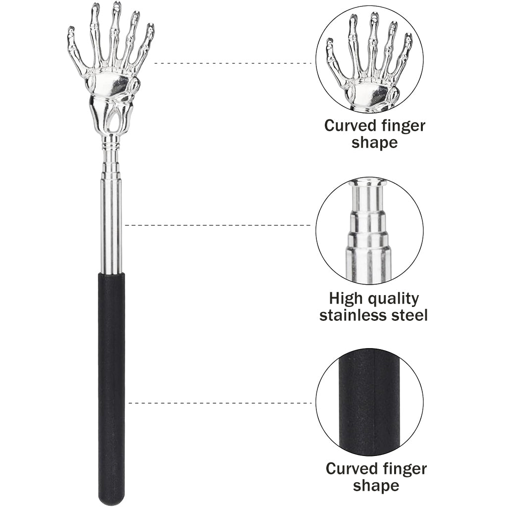 ZIBUYU Skull Hand Back Scratcher Stick, Telescopic 22-59cm Stainless Steel Itching Hand Stick, Non-slip PVC Handle Design 5-Tip Fun Skull Hand Back Scratcher for Men Women Kids