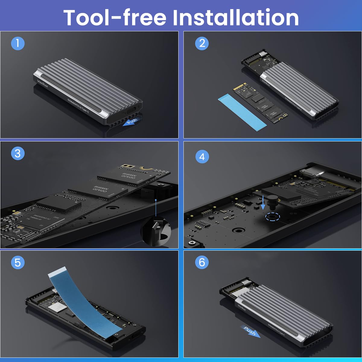 Verilux M.2 NVMe SSD Enclosure with RGB Light, 10Gbps M.2 NVMe to USB Adapter, USB C External NVMe SSD Enclosure, USB 3.2 M.2 NVMe Reader Supports M and B & M Keys, Fits 2230 2242 2260 2280