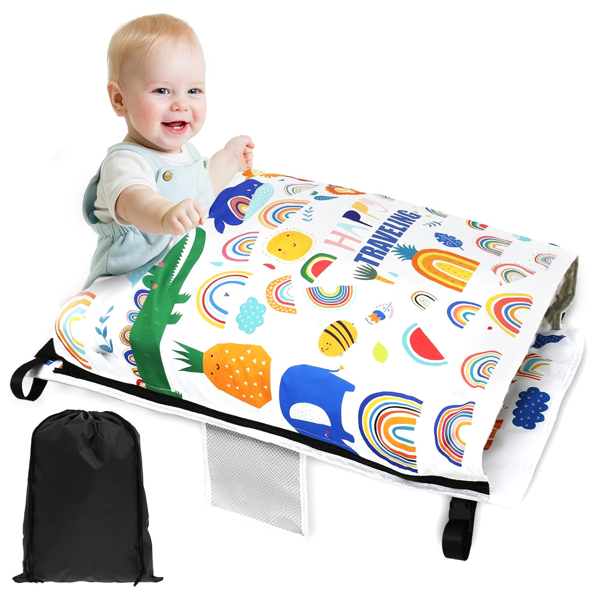 SNOWIE SOFT® Toddler Airplane Bed 77x 44cm Seat Extender for Kids 2 in 1 Hanging Airplane Bed with Removable Cartoon Print Blanket Travel Airplane Bed Airplane Foot Rest for Kids 3-5 Years Old