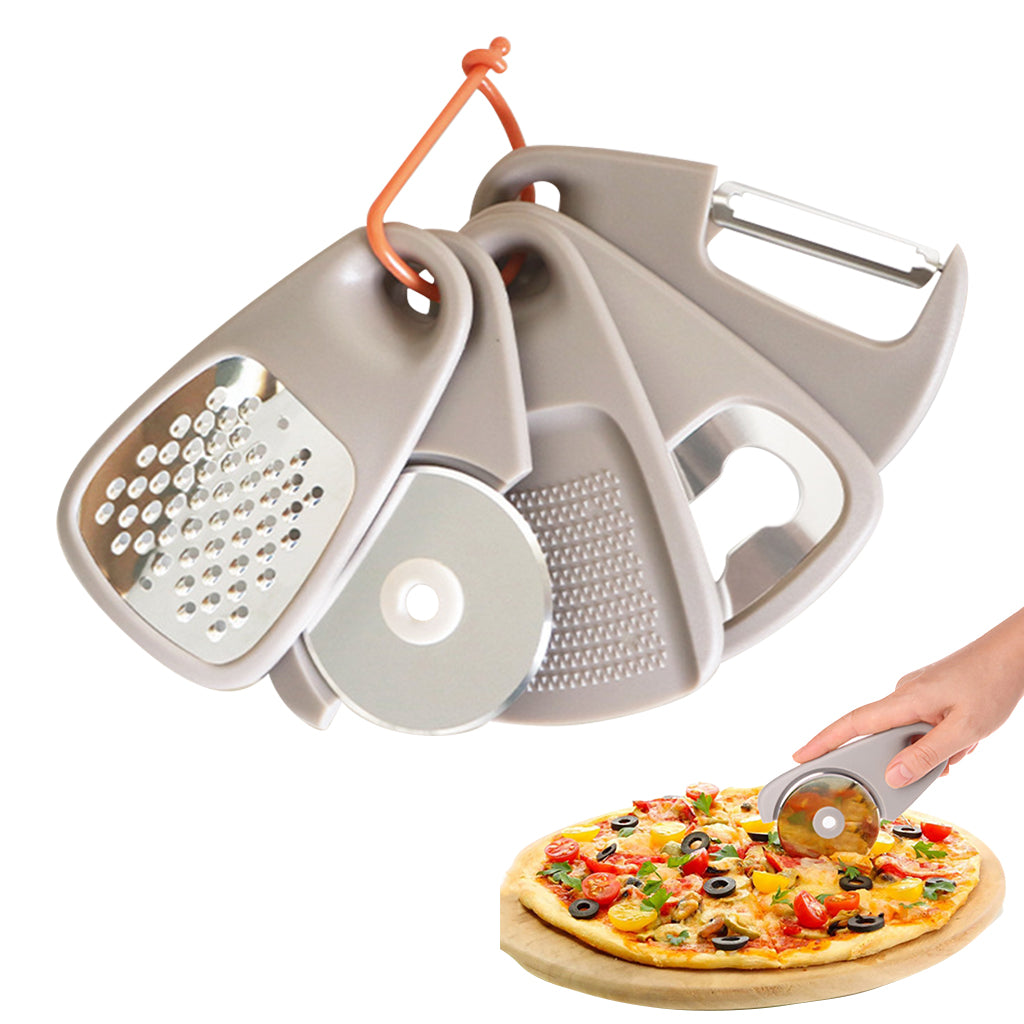 Supvox Set of 5Pcs Kitchen Gadgets Palm-sized 5 inches Garlic Ginger Press, Cheese Grater, Mini Peeler, Mini Pizza Roller Cutter, Bottle Opener, Stackable Utility Kitchen Small Gadgets