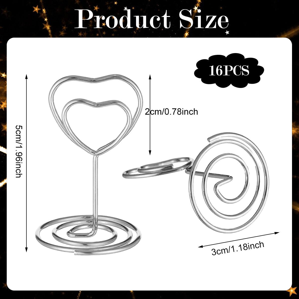HASTHIP 16Pcs Table Number Cards with 16 Metal Wire Holders Elegant Metallic Texture Black Golden Hard Cards Heart-shaped Wire Card Holders Guests Wedding Tables Cards