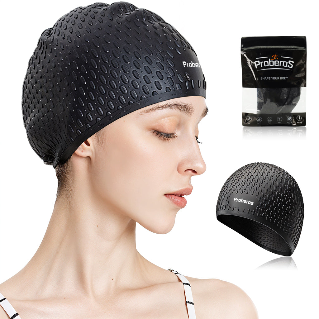 Proberos Silicone Swim Cap, Classic Silicone Swimming Cap for Adults, Swimming Cap Long Hair, Swimming Pool Cap, Waterproof Silicone Swimming Cap for Adult Woman and Men Black