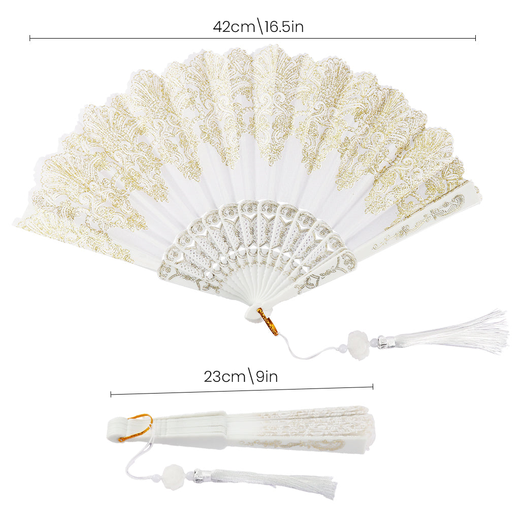 HASTHIP Hand Fan Elegant White Fabric Hand Fan Traditional Chinese Fan with Tassel Charm Summer Fan Handheld Cooling Fan Travel Hand Fan Gift for Girls Women, 9 inches