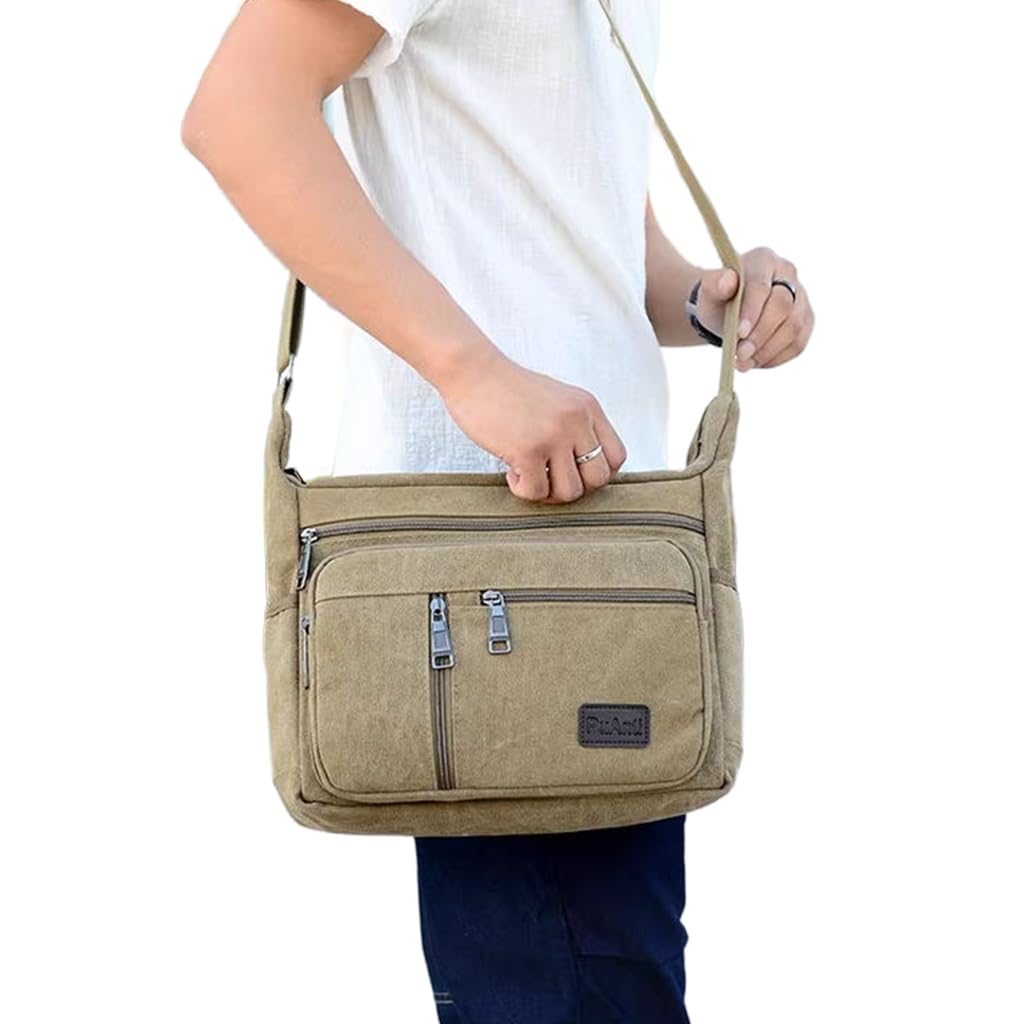 ZIBUYU Sling Bag for Men Crossbody Bag Khaki Canvas Messenger Shoulder Bag Multi-pocket Satchel Crossbody Bag for Mens Side Bags for Men Stylish for Adults, Men and Women
