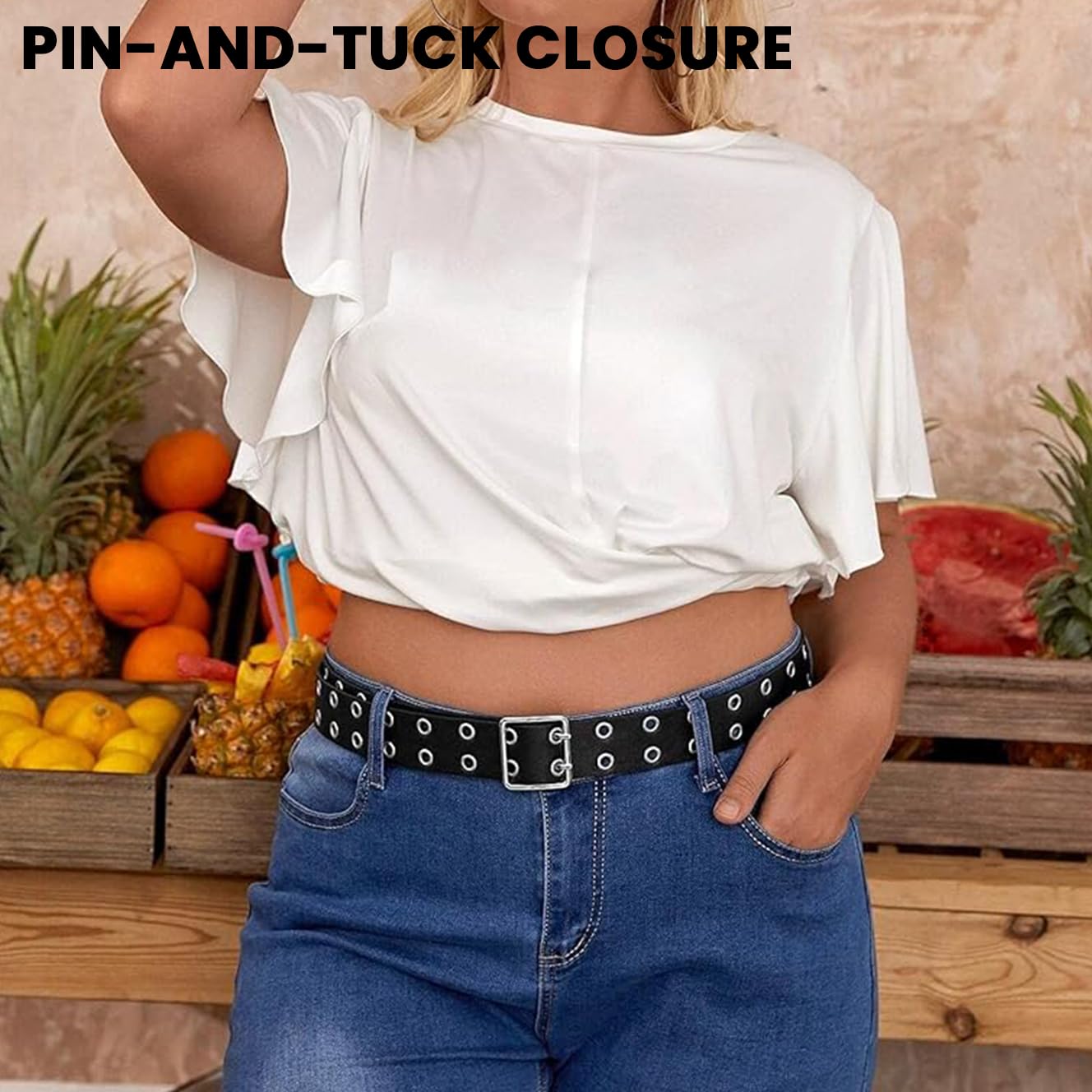 SANNIDHI Belt for Women featuring Dual Row Metal Eyelets and Chain in Black PU Leather