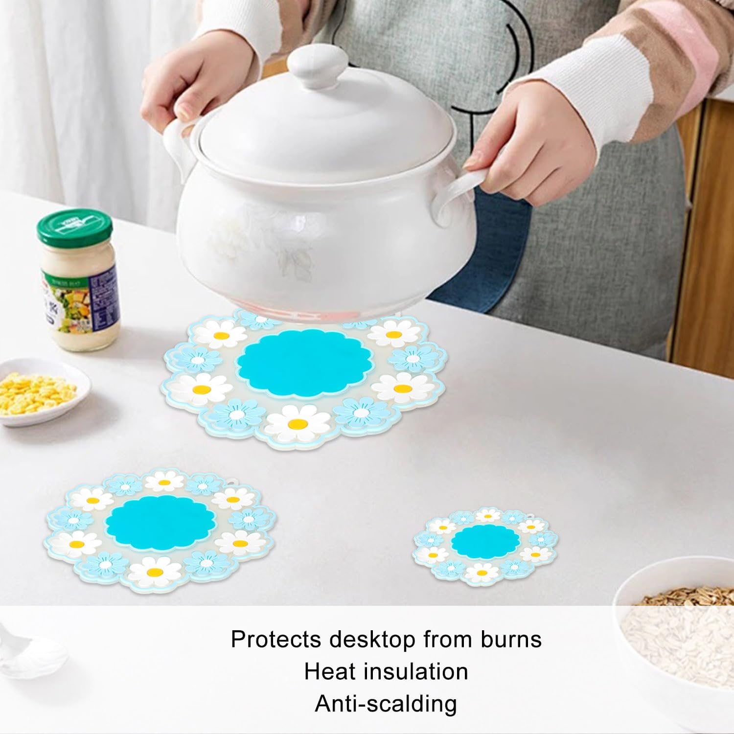 ZIBUYU® Coaster Set for 3PC,PVC Floral Heat Resistant Mats for Dining Table,Waterproof Anti-Slip Big Pans Casserole Bowl Cup/Thickening Kitchen Table Protectors Pad (10Cm+15Cm+20Cm Dia)