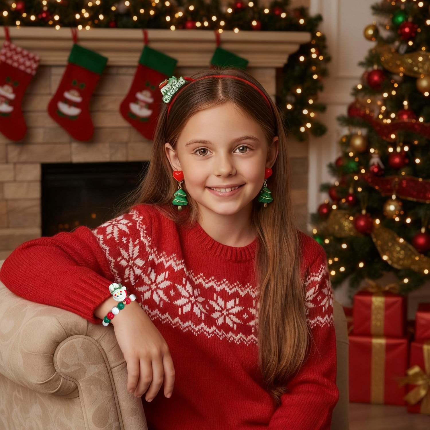 MAYCREATE Christmas Jewelry Hair Accessories Kit for Kids with Bracelet and Earrings | Gift Box Set for Holiday Dress Up