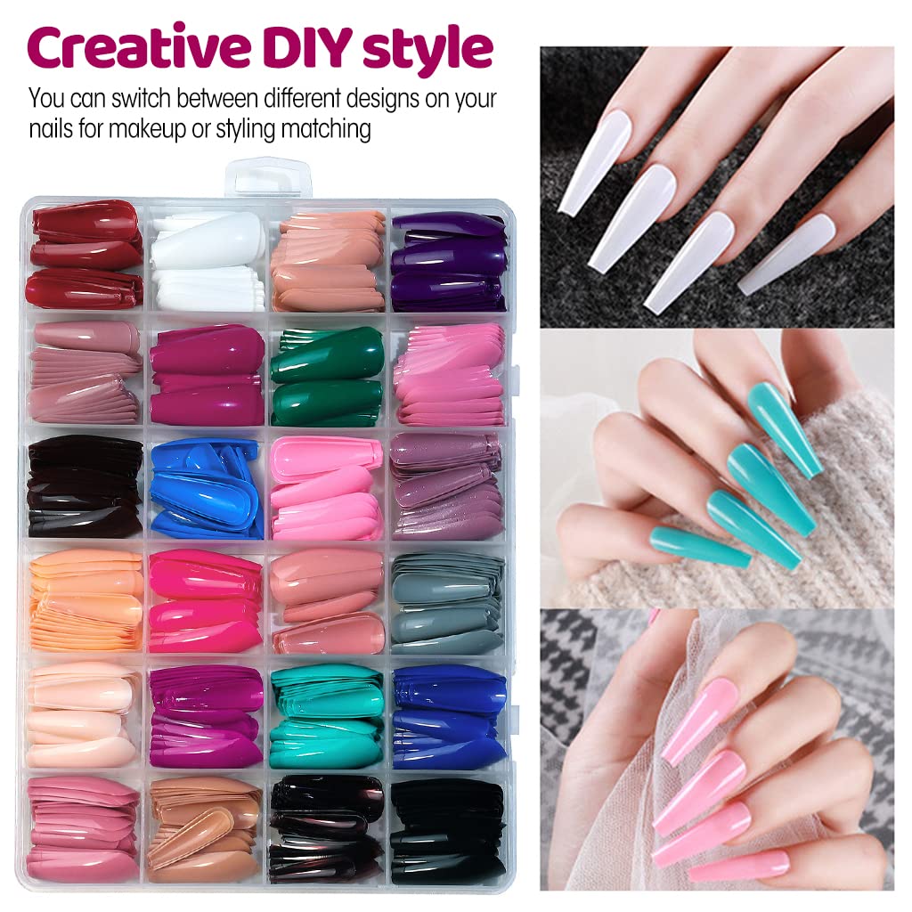 MAYCREATE® 24 Color Press on Nails Sets, False Nails Artificial Fake Nails Coffin Press on Nails Solid Color Glossy Fake Nails Full Cover False Nails Tips for Women Girls DIY Nail, Style A (No glue)