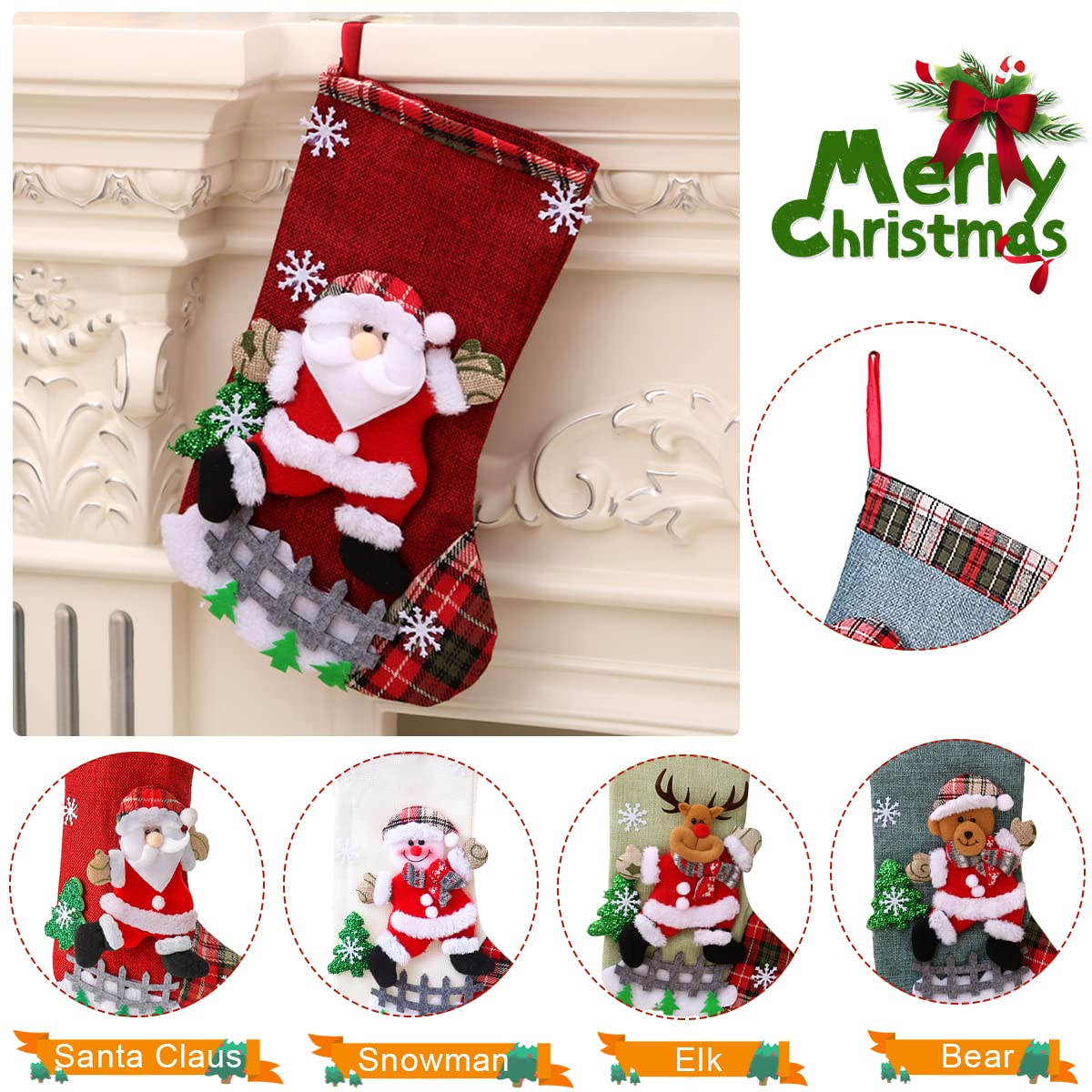 HASTHIP  Set of 4 Christmas Decorations Stocking, 10 inch Linen Christmas Gift Stocking, Hanging Christmas Stockings Set Christmas Stocking Christmas Stocking for Window, Christmas Socks