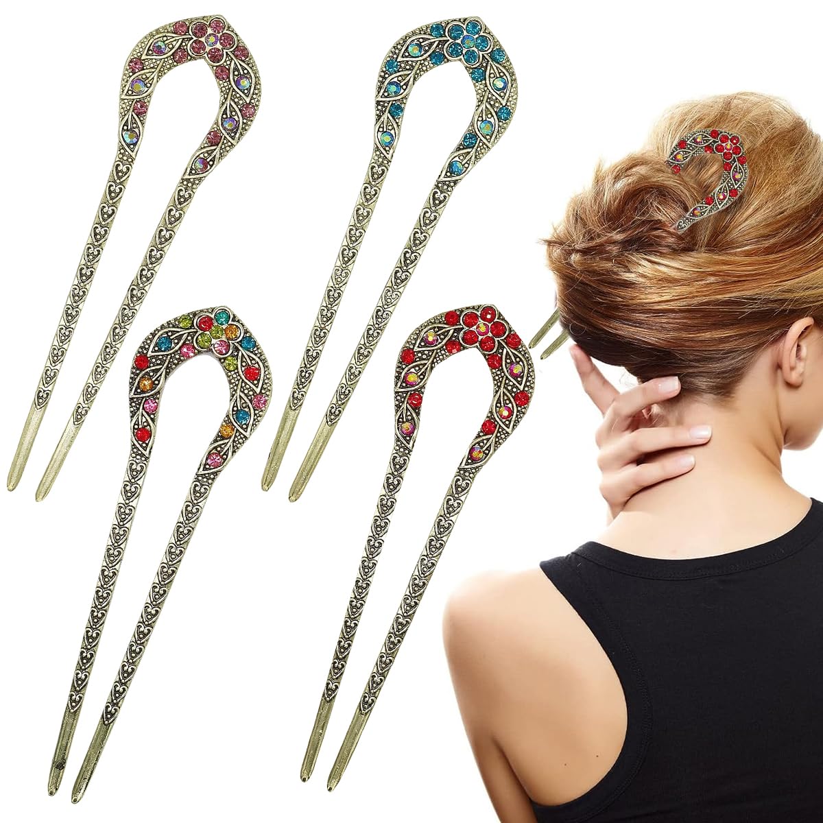 MAYCREATE® 4 Pack French Hair Pins for Women Stylish Metal U Pin for Hair, Vintage Hair Stick for Buns, Rhinestone Juda Pin Hairpin, 5.78in Long Chignon Pin Hairstyle Accessories