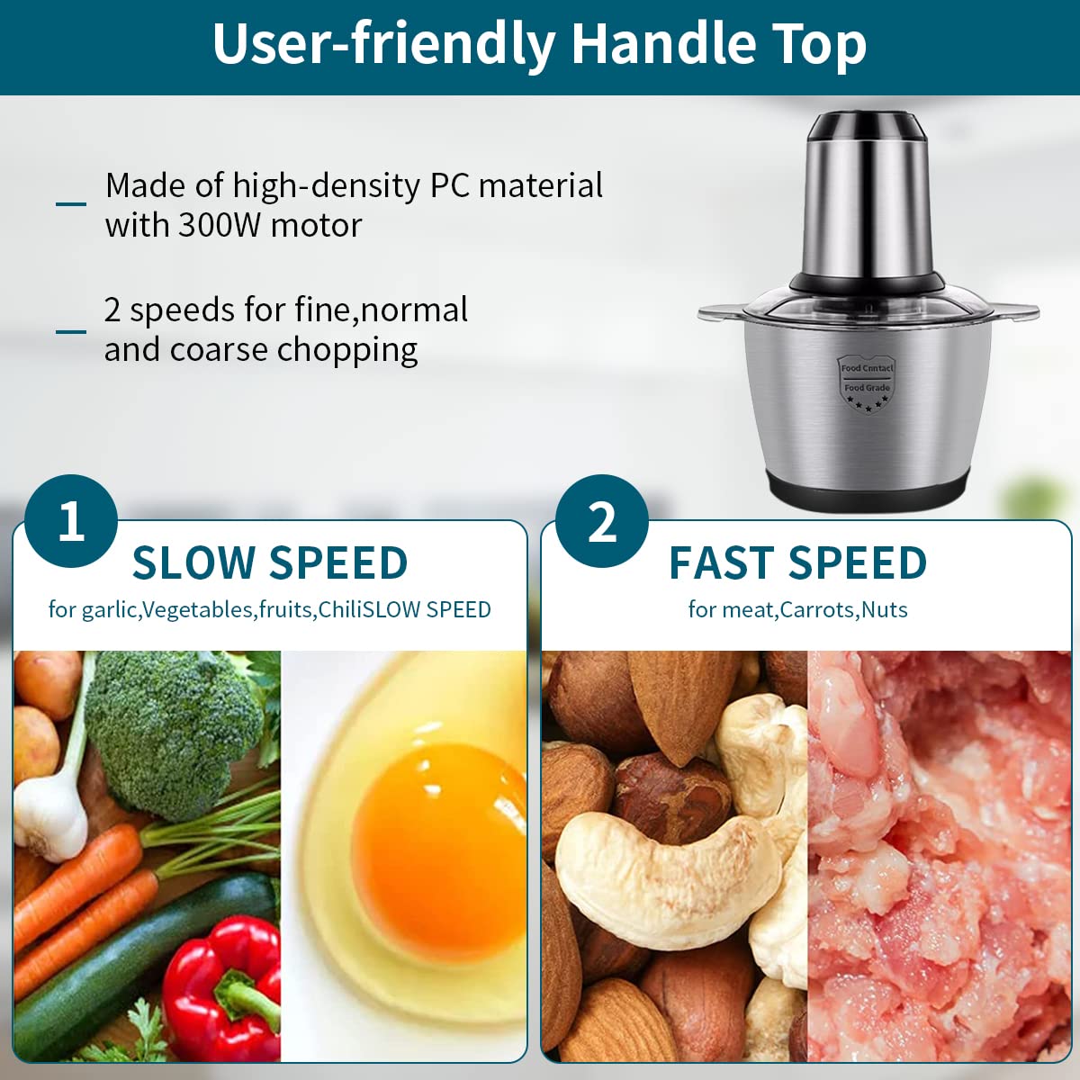 HASTHIP® Chopper for Kitchen Electric 2L 400W Vegetable Chopper Good Grade Stainless Steel Garlic Chopper with 2 Speeds Adjustable Meat Mincer Meat Grinder Machine for Nuts Onion Veg and Salad