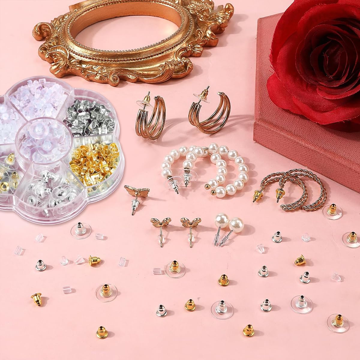 MAYCREATE® 500Pcs Earring Backs 7 Styles Earring Stopper, Metal & Silicone Earring Back Support Kit, Assorted Ear Back Earring Lifters Earbacks, Earring Stoppers Back for Hoop Drop Stud Earrings