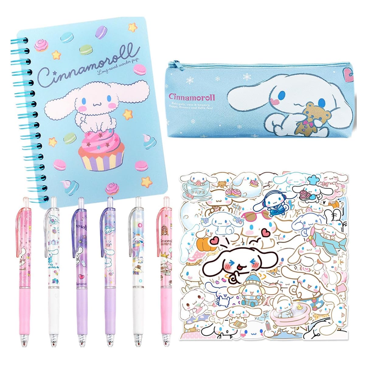 HASTHIP® 9Pcs Kawaii Cinnamoroll  School Supplies Set, Kawaii Stationeries Supplies Set with Notebook, Pencil Pouch, Click Pens, Assorted Cinnamoroll Cartooon Stickers, Girls School Gift Set