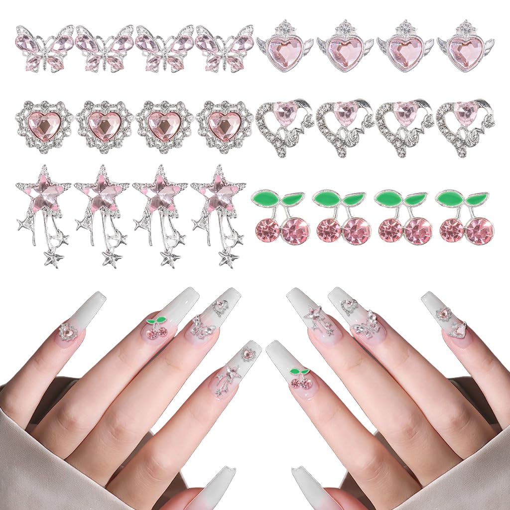 MAYCREATE® 24Pcs 3D Nail Charms and Gems Silver Butterfly Star Planet Cherries Nail Charms for Acrylic Chrome Nails Design Kawaii Nail Jewels for Nail Art