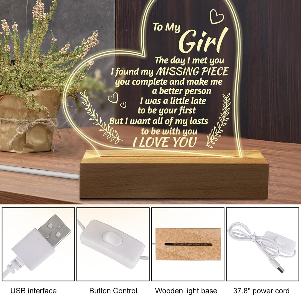 HASTHIP Romantic Gifts for Girlfriend with Engraved Acrylic Night Light and Wooden Base | USB Warm Light for Anniversary or Valentines Day